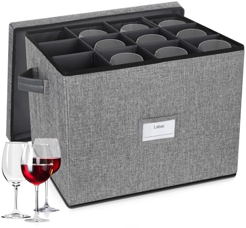 Lukeline Stemware Storage Container, Stackable Wine Glass Storage Box with Dividers and Handles, Holds 12 Wine Glasses, Sturdy Glassware Storage Containers for Moving