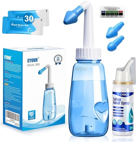 CYOUH Neti Pot Sinus Rinse Bottle 300 ML with 60ml Nasal Spray and 30 Nasal Wash Salt Packets and Sticker Thermometer Nose Wash Cleaner Pressure Rinse Nasal Irrigation for Adult & Kid BPA Free