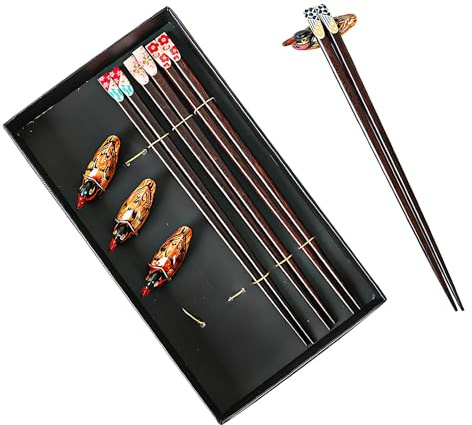 ONEBO 4 Paar Essstäbchen Geschenkset, Wiederverwendbare natürliche Holzstäbchen Essstäbchen, Stäbchen Zum Essen, Sushi Stäbchen mit 4 Essstäbchenablage - Japanischen Stil (Schwarz, 22.9cm)