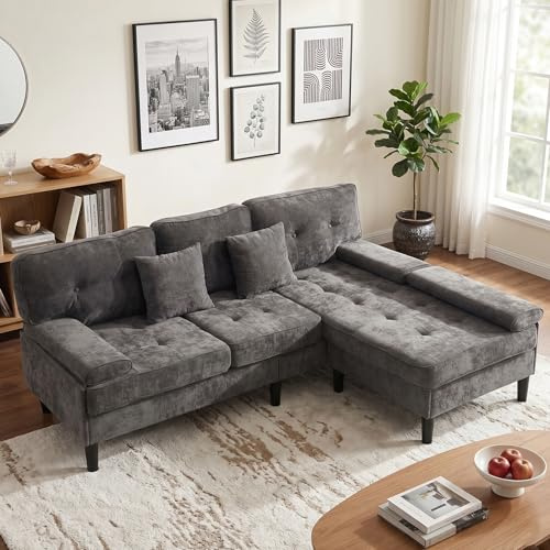 Ecksofa mit Schlaffunktion,Modulares L-Form 3-Sitzer Schlafsofa Grau,195 cm Chenille Sofa mit beweglicher Ottomane,Chaiselongue mit Liegefunktion für Wohnzimmer,Apartment,Kleine Räume,Home Office