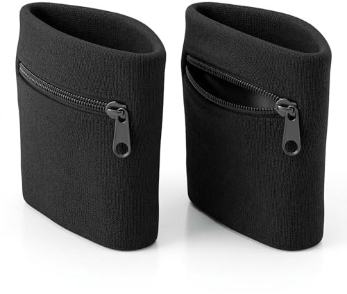 ARYIMYDP 2 Stück Schweißband mit Reißverschluss, Praktische Handgelenktasche für Sport, Jogging, Basketball und Tennis, Baumwoll Schweißband (Schwarz)