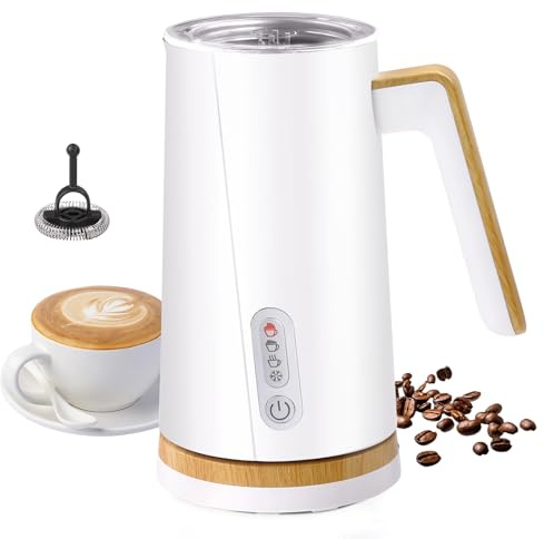 Montalatte elettrico e vaporizzatore, 4 in 1, con elementi in legno, automatico per schiuma calda e fredda, per latte, cappuccino, macchiato, nero (bianco)