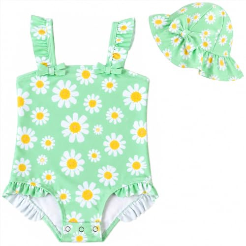 Bañador Bebé Protección Solar UPF 50+, 0-3 Añosraje De Baño Una Pieza para Niña con Gorro, Tejido Elástico Estampado Fresa & Flores, Playa y Piscina Verano