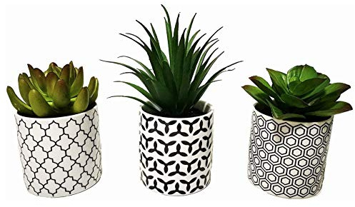 Pretty Home Potted Artificial Succulent Plants, Set of 3, Tile Pattern Porcelain Pots (small pot)