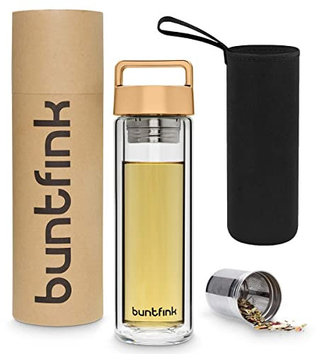 Buntfink 2goBottle Teeflasche aus Glas mit Sieb - Teebereiter to go, Trinkflasche mit Teesieb für Tee oder Wasser - Thermoflasche/Teekanne (doppelwandig), Gold (kupfern)