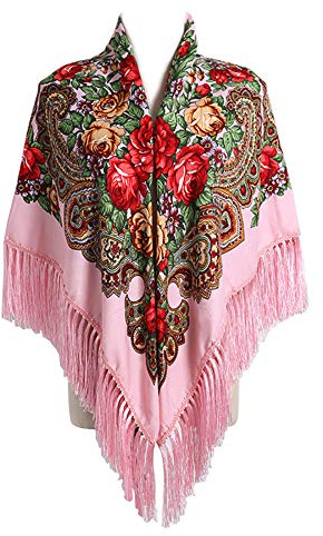 Gudessly Traditioneller Damen-Schal, Quaste, Fransen, Halstuch, Kopftuch, Retro-Schal, Blumen-Poncho-Druck, quadratischer Umhang, 127 cm