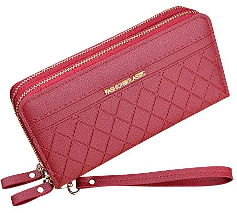 Damen Geldbörse mit Doppeltem Reißverschluss Geldbörse PU Leder Telefon Geldbörse für Frauen Große Kapazität Lange Clutch Geldbörse mit Mehreren Kartensteckplätzen Armband Geldbörse