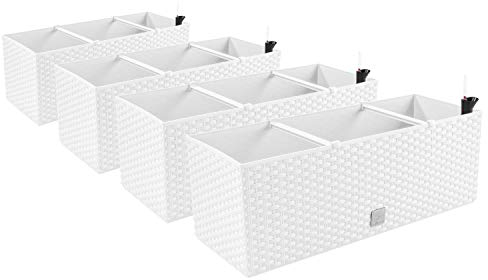 PAFEN 4in1 Set 4X Balkonkasten Blumenkasten Rattan-Optik 4 Farben Pflanztopf Wasserstandsanzeiger (Weiß)