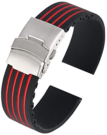 ZXF Uhrenarmband, 18 20 22 24MM Silikon Strap Klapp Verschluss Mode Gelb Armband wasserdichte Uhr Band Black Silikon Gummi Uhrenarmband (Color : Red Black, Size : 22mm)