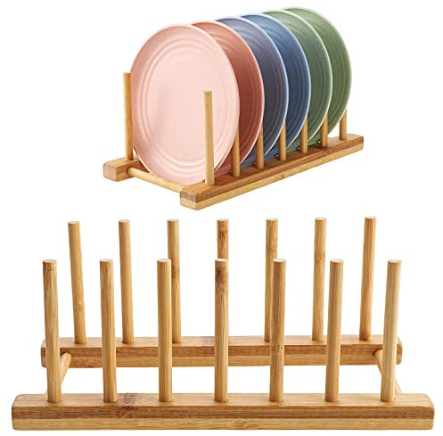 Kinsinder 2 Stück Tellerständer Abtropfgestell Bambus Geschirrabtropfgestell, 6 Steckplätze Tellerhalter Holz, Abtropfgestell Holz Plate Holder für Teller, Tassen, Topfdeckel