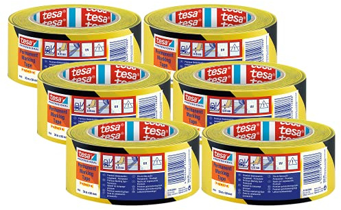 tesa Professional 4169 Markierungsband permanent - 6 Rollen - Schwarz-Gelb | PVC Bodenmarkierungsband zur Kennzeichnung - für innen und außen - für empfindliche und raue Böden - Signalband 33 m x 5 cm
