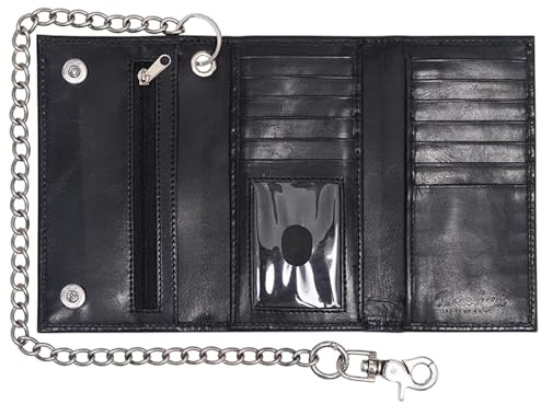 RAW HYD Leather Biker Wallets for Men with Chain – Full Grain Leather Chain Wallets for Men, Belt Loop Attachment, Snap Closure, Zipper Coin Pocket, ID & Card Slots (Black)