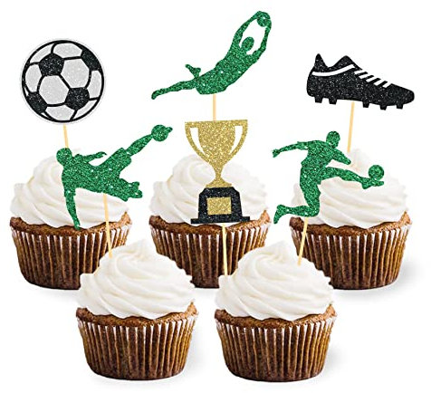 24 Stück Glitzer Fussball Cupcake Topper, Tortendeko Fussball für Fussball Geburtstag Deko, Fußball Fan Party, Kinder Party Dekoration, Tortendeko Geburtstag Junge