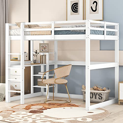 Kayan Kinderbett Hochbett 140 X 200 cm, Bettgestell mit Stauraum, komplett aus Kiefer, mit 4 Ablagefächern und Einer Schreibtischplatte (Weiß)