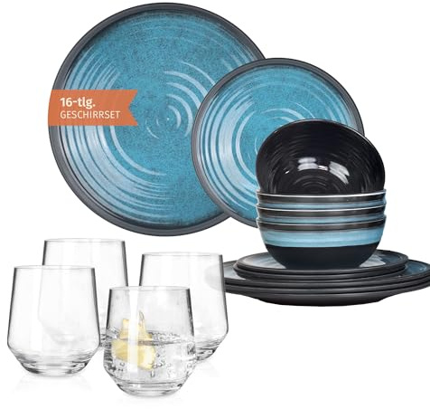 Vaisselle de camping en mélamine pour 4 personnes - Bleu pierre + 4 verres Milano - Verres à eau - Vaisselle de table - Pour pique-nique et barbecue