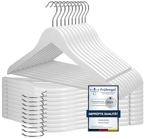 20 x Kleiderbügel Holz weiß VonBueren | 44,5 x 22 cm je Bügel/Holzbügel | Holzkleiderbügel Weiss | 360 Grad drehbar
