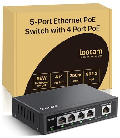 Loocam 5 Port PoE Switch, 4 PoE+ Port with 1 Uplink Port | 10/100 Mbps Ethernet Switch for 65W Total Power, IEEE802.3af/at, Metal Casing, Desktop or Wall-Mount, Plug & Play, Unmanaged