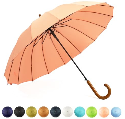 SoulRain 16 Rippen 121,9 cm Stockschirm, automatisches Öffnen, einfarbig, modisch und einfach, bogenförmiger klassischer Holzgriff, winddicht, unzerbrechlich, Regenschirm (Pfirsich)