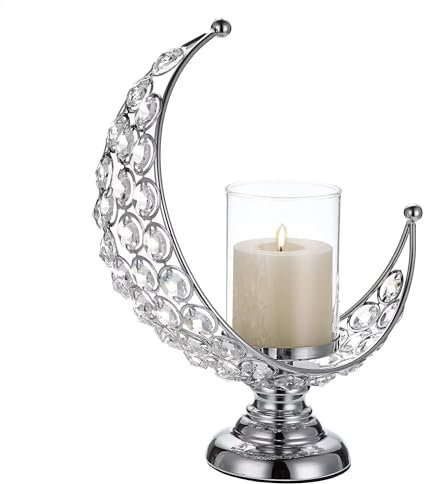 Bougeoir à réchaud en cristal en forme de lune avec abat-jour amovible pour la maison, le bureau, le mariage, les fêtes et les centres de table de réception, argenté