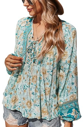 CNTSFS Damblus elegant avslappnad boho V-ringad blommönster lös tunika damer långärmad sommar
