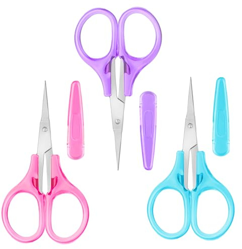 Piriuuo 3 Stück Kleine Scheren, Bastelschere Stickscheren Set Mini Schere mit Schutzhülle Edelstahl Allzweckschere Schere Klein Stickschere für Nähen, Papier Schneiden Scrapbooking Blau, Rosa, Lila