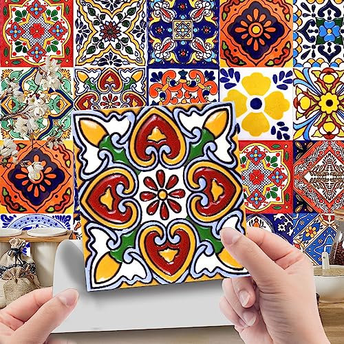 Fliesenaufkleber Farbige Blumen Selbstklebende Klebefliesen, Wandfliesen Aufkleber,Wasserdicht Fliesensticker Fur Kuche Badezimmer Dekorative Stickerfliesen,Wohnzimmer Dekoration20X20Cm