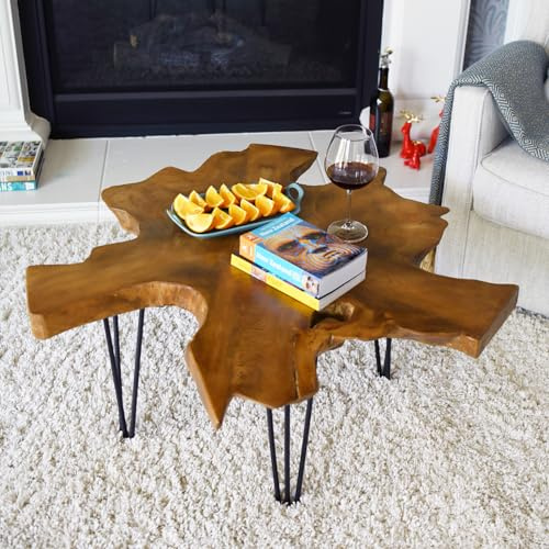 WELLAND Live Edge Teak Coffee Table, Natural Wood Rustic Coffee Table, 36 L x 36 W x 16 H, Cocktail Table, Accent Table, Plant Stand for Living Room, Bedroom, Home Office