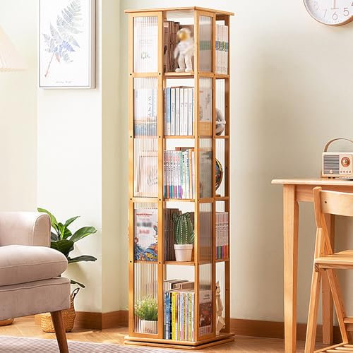IUBGFTO Um 360 Grad drehbares Bücherregal, drehbare Vitrine mit Schranktür aus Acryl, Lagerregal mit offenen Regaldesigns, für Wohnzimmer, Arbeitszimmer, Büro (Originalholzfarbe, 5 Ebenen)