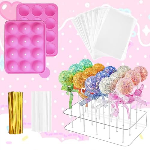 Yootiko Cake Oops Soporte de silicona, molde para cake pop, kit de construcción de 20 moldes redondos de silicona con 100 palitos de piruleta, correas y bolsillos para cupcakes, dulces, gelatina y