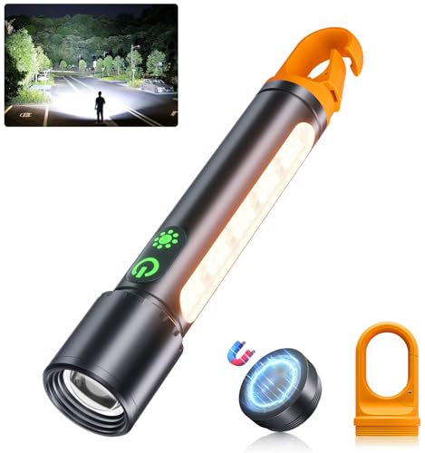 ET Magnetic Rechargeable Torch LED Super Bright 500000 Lumens,Battery Powered Long Lasting Flashlight Torches with 9 Modes&COB、Tail Hook,Waterproof Zoomable for Camping, Hiking,Emergency,Dog Walking