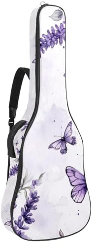 Gitarrentasche für Akustikgitarre mit violettem Blumenmuster, Lavendel und violette Schmetterlinge, dick gepolstert, wasserdicht, für 40 / 41 / 42 Zoll Gitarren, Mehrfarbig 04, 42.9x16.9x4.7 in,