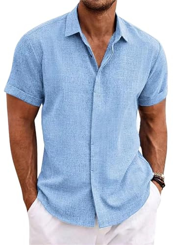 PADOLA Chemise Lin Homme Manches Courtes Boutonnée Chemisette Homme Chemises d'été Unie Chemise de Plage en Coton Coupe Régulière Tee Shirt Décontracté Chemiser (1 Bleu, XL)