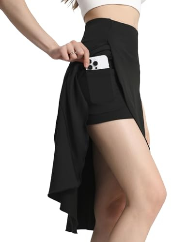 Bezioner Jupe Short Femme Longue Midi Jupe Tennis avec Short Intérieur Poches Haute Taille Skort Golf Ourlet Fendu à Volants Noir XXL