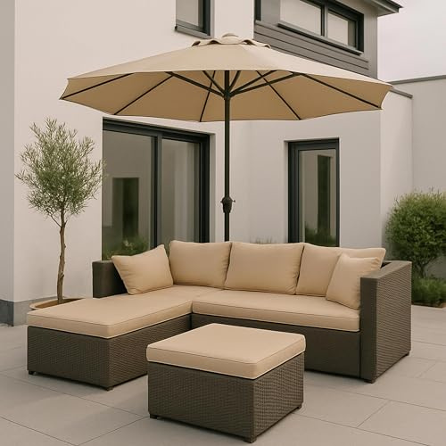 Mendler Poly-Rattan Garnitur HWC-O46 - grau Polster beige | Balkon-/Garten-/Lounge-Set, Sofa, Sitzgruppe