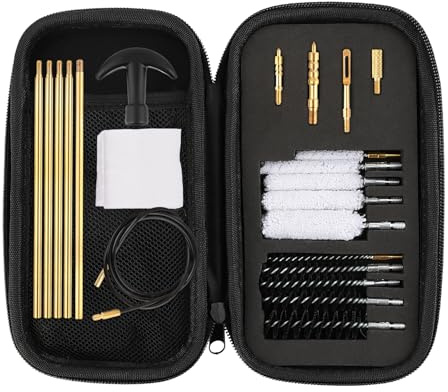FOCUHUNTER Kit de Limpieza de Armas para calibres 4,5/5,55/9/12,7 mm. 22 en 1 con Varillas de latón, Cepillo de Nailon, mopas, Puntas ranuradas, Cable Flexible y Estuche con Cremallera