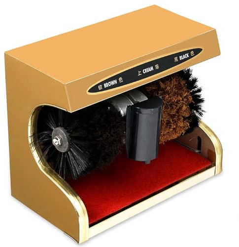 Electric Shoe Shine Machine, Automatic Induction Shoe Shine Shoe Polishing Machine with Soft and Hard Brush, Horizontal Stainless Steel Shoe Cleaning Machine in Public Hotel Lobby golden