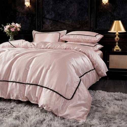 Herside Light Pink Satin Duvet Cover Set King Size Satin Pom Pom Bedding Set Luxurious Pink Quilt Cover Set Ultra Soft Microfibre Duvet Cover Home Decor Bedding for Gilrs Teens