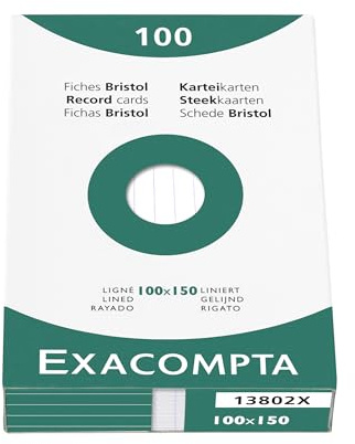 Exacompta 13802X Karteikarten, liniert, ungelocht, 100 x 150 mm, für Tintenstrahldrucker, Laser- und Kopierer, 10 Packungen à 100 Stück, weiß