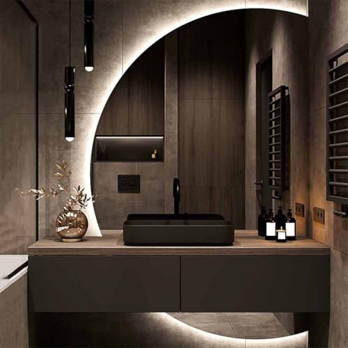 Specchio da parete per il trucco a LED, semicerchio, 51x35, antiappannamento, specchio da bagno illuminato, grande mezzaluna da 47 con luci, specchio a figura intera per ingresso, specchio decorati