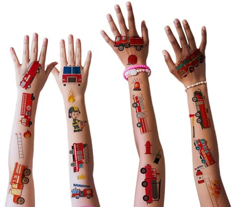KLINNA 10er Set Temporäre Tattoos für Kinder, Feuerwehr Kindertattoos Set als Mitgebsel Kindergeburtstag Geschenke für Jungen, Wasserfeste Feuerwehr Sticker zur Coolen Geschenke