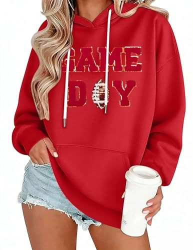 FASHGL Game Day Football Sweatshirt Women: Funny Football Graphic Hoodie Sunday Funday Pullover Hoodies Long Sleeve Tops Red