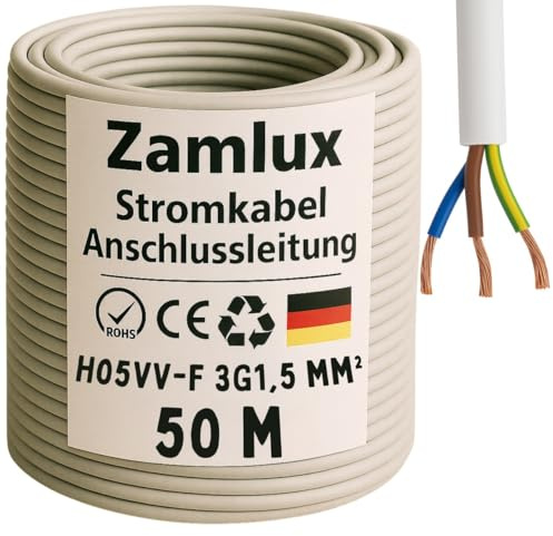 Zamluxury GmbH H05VV-F 3G1,5 mm² (3x1,5) PVC-Schlauchleitung · Mantelleitung, flexibel, Grau, 50 m Kabelrolle, 300/500 V – für Beleuchtung, Haushaltsgeräte & Verlängerung