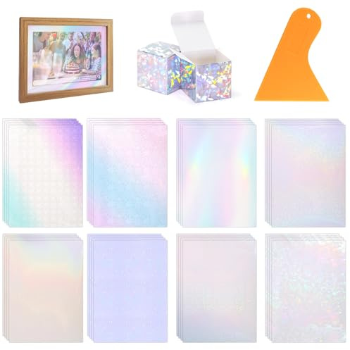 Gysim 32 Blatt Hologrammfolie Mit Schaber, 210 x 297 mm, holografische folie, glitzerfolie selbstklebend folie, Fenster, A4, wasserdicht, selbsthaftend, klebefolie transparent (8 Motive）