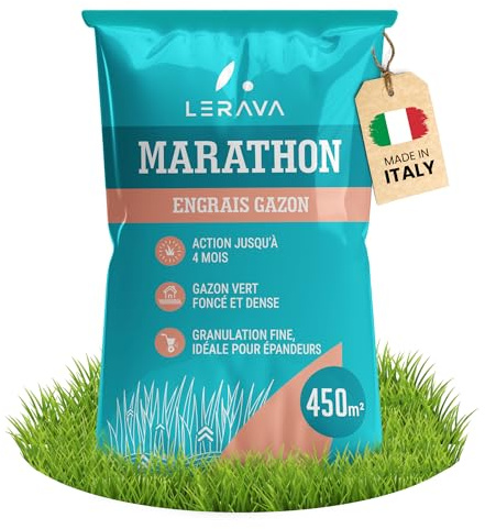 LERAVA® Concime per Prato Marathon (450 m²) - Fertilizzante a Lenta Cessione fino a 4 Mesi - Concime Prato Primavera con Potassio, Magnesio e Microelementi - Nutrimento Costante per Prati e Aree Verdi