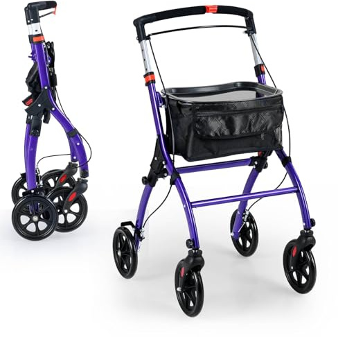 GYMAX Folding Rollator Walker for Elderly, 4 Wheel Narrow Walking Aid with Removable Tray, Basket and Brakes, Adjustable Lightweight Rollator for Disabled (Purple)