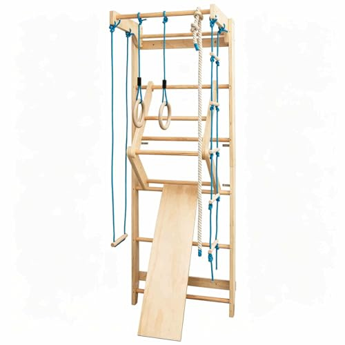 HOMASIS Espalier en Bois de Pin, Espalier Suédois avec Échelle de Corde et Planche de Bois, Espalier de Gymnastique Échelle d'intérieur pour Adultes, 80x58.5x220cm