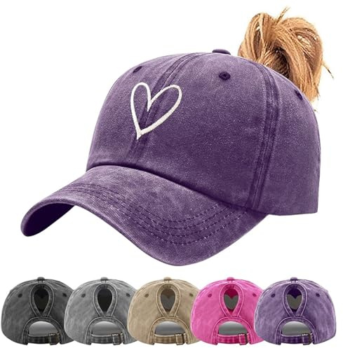 ADUDVLO Baseball Cap Damen mit Zopf Loch & kleines Herz Stickerei - Vintage Washed Baumwolle Verstellbare Cap Sommer - Basecap Damen Laufmütze (Lila)
