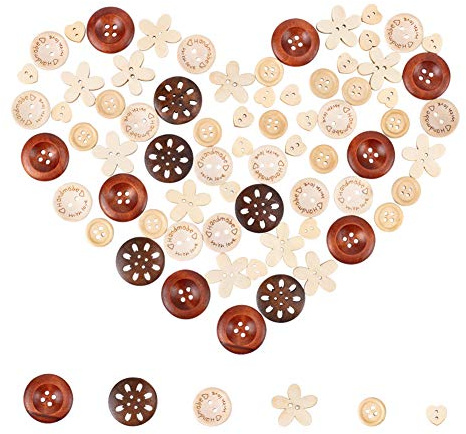 PandaHall Elite 120 piezas 6 estilos de botones de madera tipo agujero mixto DIY joyería para manualidades en el hogar, costura, 10.5-24.5x11.5-19x3-5mm, agujero: 1-2 mm