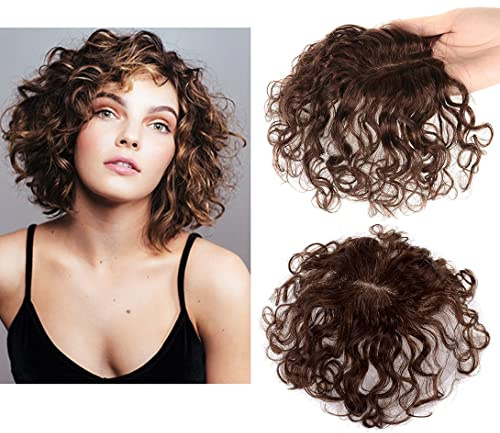 Eree Hair Handgebundenes Lockiger Echthaar-Topper für Frauen mit dünner werdendem Haar,7 x 8 cm kleine Fläche Toupet Perücke, Mono base Topper Haarteil, Clip-in-Haarverlängerung, 30,5 cm, Hellbraun