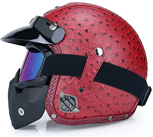 EBAYIN Retro Harley Motorradhelm Halbhelm Jethelm 3/4 Helm DOT ECE Zertifiziert Cruiser Chopper Scooter Safety Collision Cap mit Gesichtsmaske Brille,H-XXL=（63~64cm）